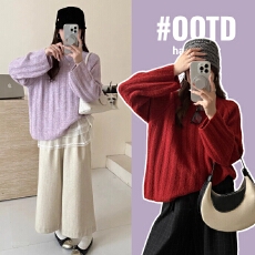 实拍孕妇装圆领贴布坑条套头毛衣女秋冬宽松百搭针织衫上衣打底衫