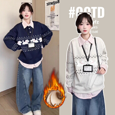 批发<b class='q'>孕妇装</b>高端假两件polo领小狗刺绣卫衣新款秋冬加绒加厚学院风上衣