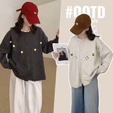 实拍孕妇装韩系针织开衫2025秋冬新款纯手工串立体花朵毛衣上衣