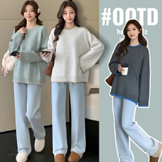 批发实拍2025新款孕妇装秋冬圆领绣标拼色边毛衣女软糯宽松<b class='q'>百搭</b>针织衫