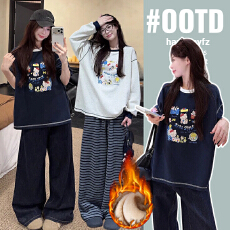 批发实拍<b class='q'>孕妇装</b>纯棉加厚加绒卫衣2025秋冬新款潮卡通撞色圆领保暖<b class='q'>上衣</b>