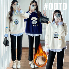 批发实拍<b class='q'>孕妇装</b>时尚假两件可爱小狗刺绣Polo领卫衣宽松秋冬加绒<b class='q'>上衣</b>女