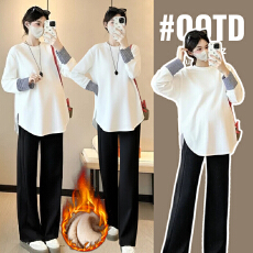 批发实拍好质量加绒孕妇装卫衣秋冬装新款假两件套条纹袖加绒加厚保暖