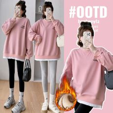 实拍孕妇冬装套装假两件卫衣秋冬款加绒加厚刺绣字母卫衣两件套装