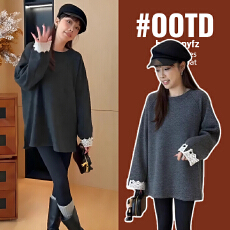 批发孕妇中长款开叉孕妇毛衣2025新款爆款秋冬款宽松慵懒风长袖上衣