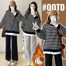 批发实拍孕妇装秋冬款加绒加厚卫衣2025新款秋冬假两件条纹贴布设计感