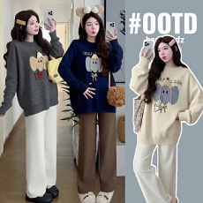 批发实拍孕妇大象提花圆领毛衣女上衣冬季新款韩系宽松显瘦保暖针织衫