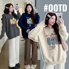 批发实拍孕妇大象提花圆领毛衣女上衣<b class='q'>冬</b>季新款韩系宽松显瘦保暖针织衫