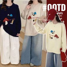 批发实拍孕妇卡通提花圆领毛衣女上衣<b class='q'>冬</b>季新款韩系宽松显瘦保暖针织衫