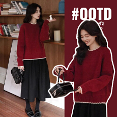 批发孕妇装撞色花边圆领套头毛衣女秋<b class='q'>冬</b>简约百搭宽松慵懒风针织衫上衣