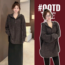 批发孕妇装慵懒风中长款复古连帽秋季2025爆款时尚百搭软糯内搭上衣