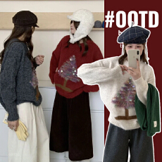 批发实拍孕妇圣诞树提花圆领毛衣上衣<b class='q'>冬</b>季新款韩系宽松显瘦保暖针织衫