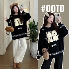 批发实拍孕妇装提花黑色小狗毛衣秋<b class='q'>冬</b>2025新款高级感宽松慵懒风针织衫