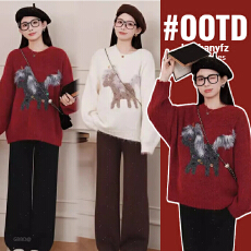 批发秋冬孕妇装卡通提花圆领毛衣上衣冬季新款韩系宽松显瘦保暖针织衫