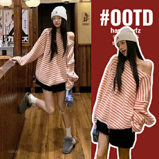 批发孕妇装红白条纹斜肩长袖毛衣慵懒高级感针织衫<b class='q'>冬</b>季季宽松露肩上衣