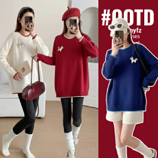 批发实拍孕妇装2025孕妇装秋<b class='q'>冬</b>圆领卡通拼色边毛衣软糯宽松百搭针织衫