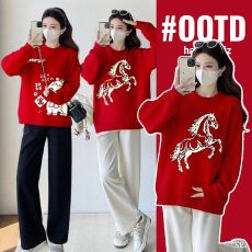 批发实拍孕妇装2026新款马年春秋<b class='q'>冬</b>本命年圣诞红减龄加厚过年红色毛衣