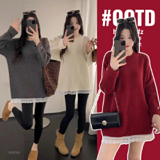 实拍孕妇装韩系拼接蕾丝花边软糯打底毛衣2025新款秋冬季中长款