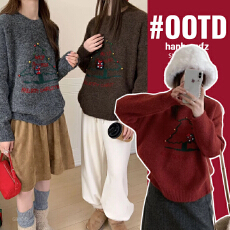 批发<b class='q'>实拍</b><b class='q'>孕妇装</b>红色圣诞树刺绣长毛羊驼毛衣冬新款韩系宽松显瘦上衣