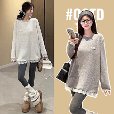 孕妇装秋冬2025新款兔毛+羊毛韩系花边蕾丝毛衣女设计感圆领上衣