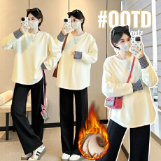 批发<b class='q'>实拍</b>好质量加绒<b class='q'>孕妇装</b>卫衣秋冬装新款假两件套条纹袖加绒加厚保暖