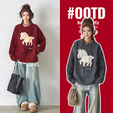 批发秋冬<b class='q'>孕妇装</b>韩系可爱小马刺绣毛衣女秋冬羊毛衫软糯慵懒针织<b class='q'>上衣</b>