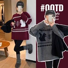 批发<b class='q'>孕妇装</b>韩系小猫提花圆领针织衫女2025冬季新款宽松<b class='q'>百搭</b>慵懒风毛衣