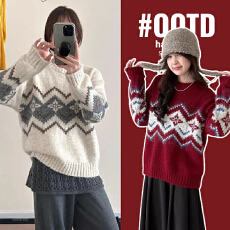 批发<b class='q'>孕妇装</b>费尔岛提花红色套头毛衣女秋冬洋气百搭长袖内搭针织<b class='q'>上衣</b>