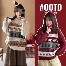 批发圣诞氛围感复古提花圆领套头毛衣女秋冬宽松软糯减龄针织衫<b class='q'>上衣</b>厚