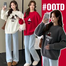 批发实拍孕妇装2025新款时尚高端刺绣卡通毛衣<b class='q'>秋</b>冬宽松孕妇套头针织衫