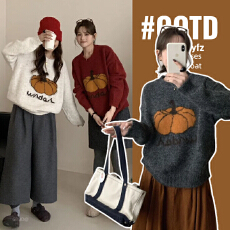 实拍秋冬孕妇装2025复古设计休闲南瓜圆领套头针织衫宽松休闲毛衣