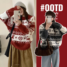 实拍孕妇装羊驼毛小鹿雪花套头圆领毛衣秋冬慵懒风刺绣撞色针织衫