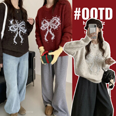 实拍孕妇装羊驼长毛蝴蝶结钉珠圆领毛衣秋冬慵懒风刺绣撞色针织衫