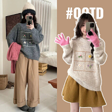 实拍孕妇装秋冬羊毛衫植物订锈圆领毛衣秋冬慵懒风小个子针织衫