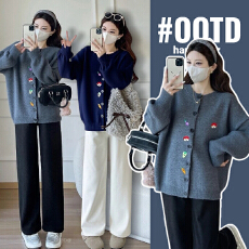 实拍厚实大板型孕妇装毛衣开衫外套2025新款刺绣卡通萝卜外套