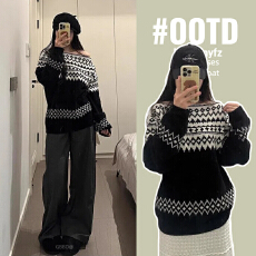 孕妇潮妈费尔岛撞色宽松一字斜肩毛衣秋冬慵懒感气质宽松针织上衣