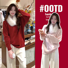 孕妇装慵懒风韩系显瘦带毛领宽松红色毛衣千金感韩版时尚针织衫