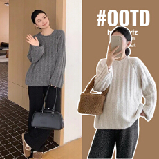 秋冬孕妇装圆领贴布坑条套头毛衣女秋冬宽松百搭针织衫上衣打底衫