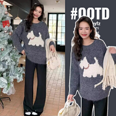 批发秋<b class='q'>冬</b>孕妇装秋装毛衣2025新款孕妇套头小狗针织上衣打底针织衫