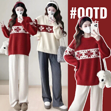 批发实拍孕妇装新年战袍软糯宽松显瘦打底针织衫2025冬季新款雪花毛衣