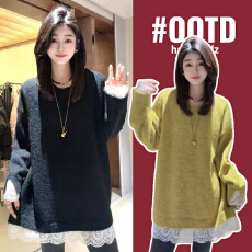 2025年冬季新款孕妇装慵懒风简约中长款针织衫蕾丝花边拼接上衣