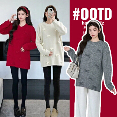 批发实拍孕妇装慵懒风立体花朵装饰红色新年毛衣裙冬季新款显瘦针织衫