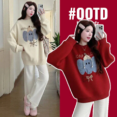 批发实拍孕妇大象提花圆领毛衣女上衣冬季新款韩系宽松显瘦保暖针织衫