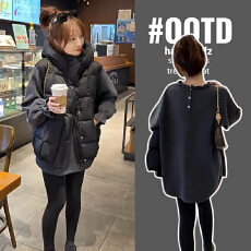 孕妇装韩系慵懒风木耳领背扣套头毛衣秋冬季加厚宽松针织打底衫