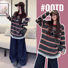 实拍孕妇装兔毛绒长袖t恤打底衫内搭蕾丝拼接条纹春秋刺绣上衣冬