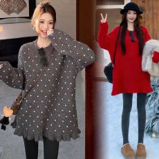 孕妇装韩系慵懒风波点毛衣中长款宽松针织衫红色上衣连衣裙