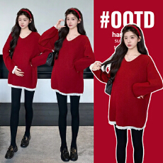 批发实拍新年红色孕妇装2026新款春秋季洋气V领中长下摆蕾丝加厚毛衣