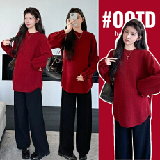 批发实拍新年红色孕妇装2026新款春秋季洋气喜庆中长下摆蕾丝加厚毛衣