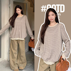 批发实拍孕妇装新款仿羊绒长袖t恤打底衫薄款蕾丝花边春秋圆领上衣