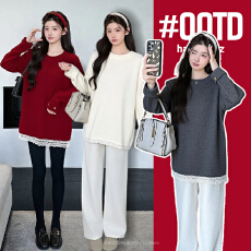 批发实拍孕妇装韩系拼接蕾丝花边软糯新年毛衣2026新款春秋红色中长款